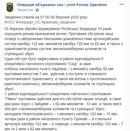 Один украинский воин ранен, еще двое получили боевые травмы на Донбассе. Враг применил 122-мм артиллерию, 120- и 82-мм минометы, за сутки - 10 обстрелов, - штаб 01