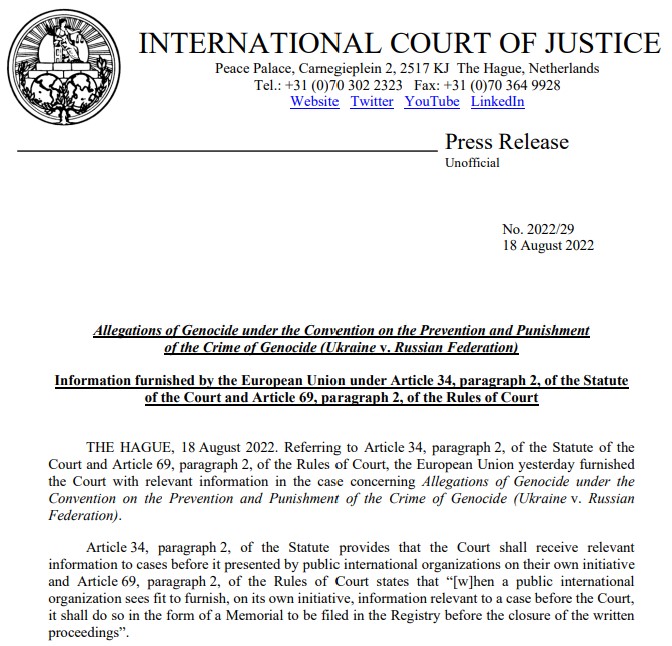 ЄС приєднався до справи України щодо геноциду РФ у Міжнародному суді ООН 01