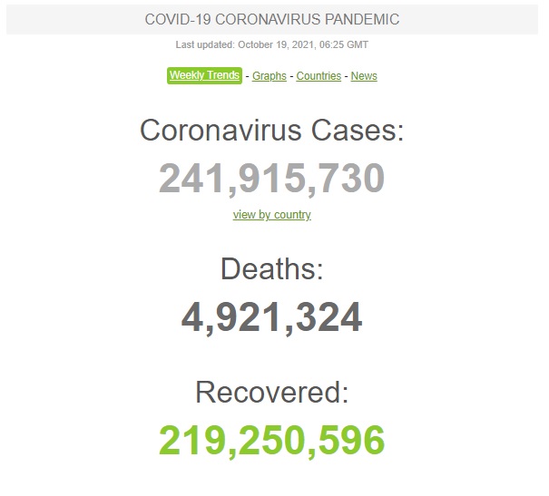 Количество инфицированных COVID-19 в мире приближается к 242 млн, число жертв - более 4,9 млн 01
