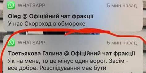 Минус один враг. Все хорошо: скриншот сообщения слуги народа Третьяковой в партийном чате СН 01