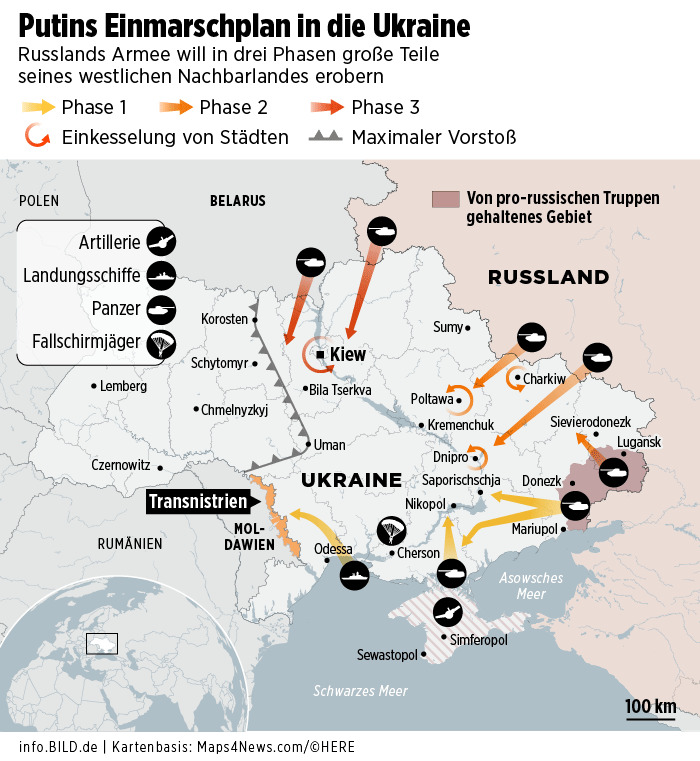 Вторгнення в Україну: Bild показав сценарії, які на столі у Путіна, та план-максимум Росії 01