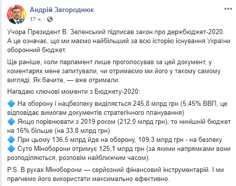 В 2020 году армия получит крупнейший в истории Украины оборонный бюджет - 245,8 млрд, - Загороднюк 02