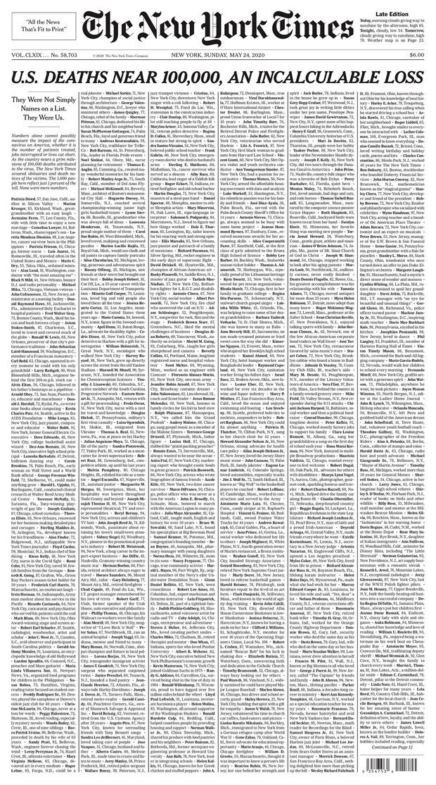 The New York Times напечатало на первой странице имена 1000 погибших от COVID-19: Неисчислимая потеря 01
